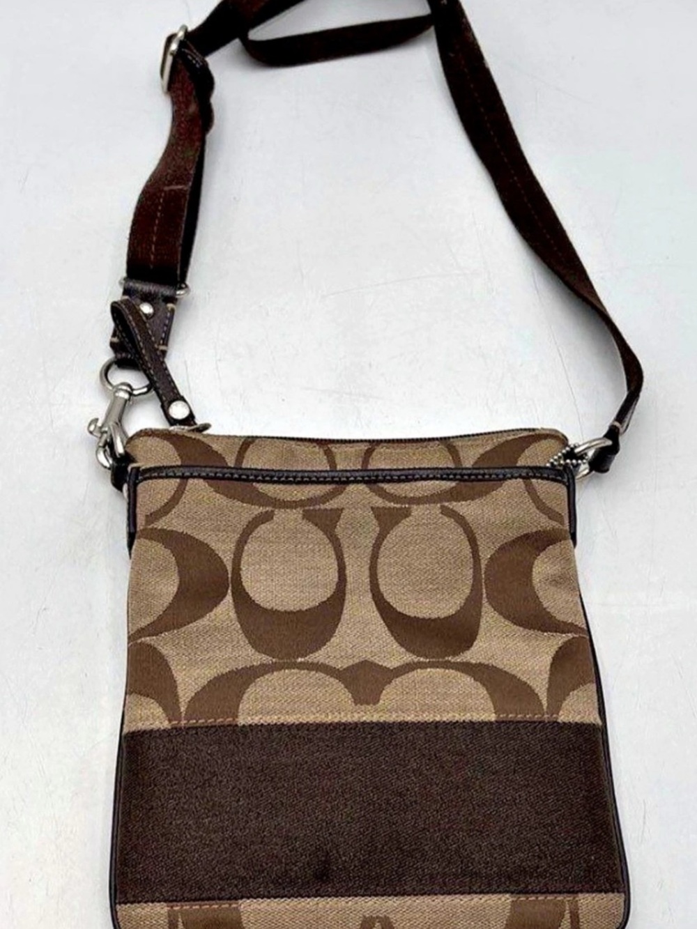Coach, Brown Khaki Signature C Heritage Stripe Crossbody Bag Silver Hardware w/